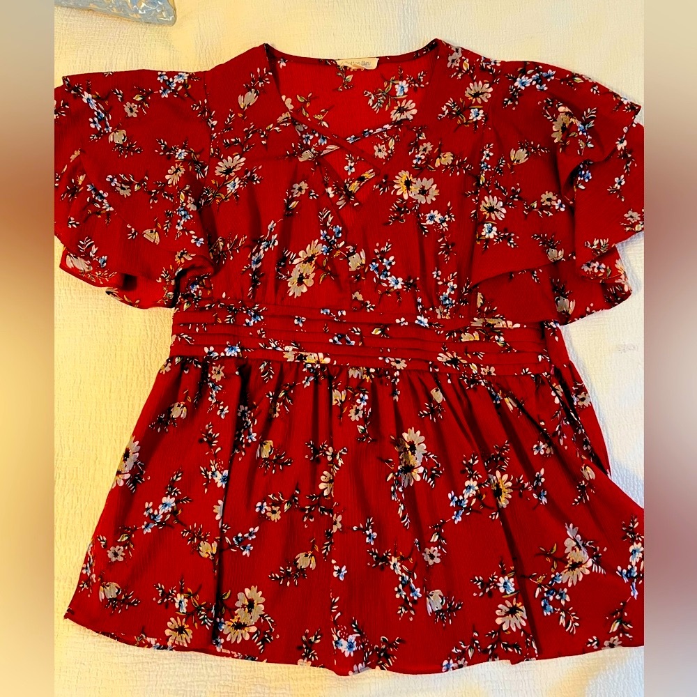 Red Peplum Blouse with Puff Cap Sleeves